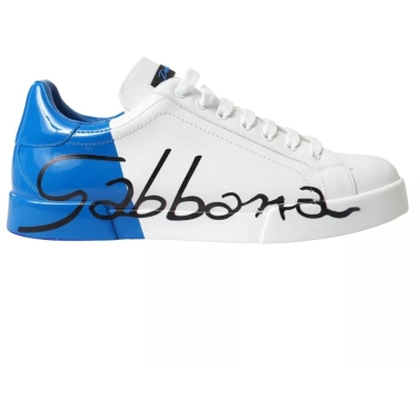 Dolce & Gabbana White Blue Leather Logo Low Top Sneakers Shoes